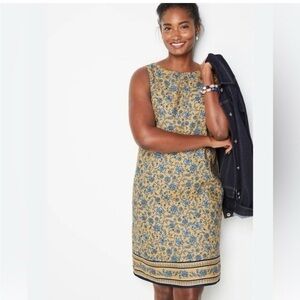 J Jill Love Linen Large Blue Yellow Floral Boarder Print Cottagecore Dress Small